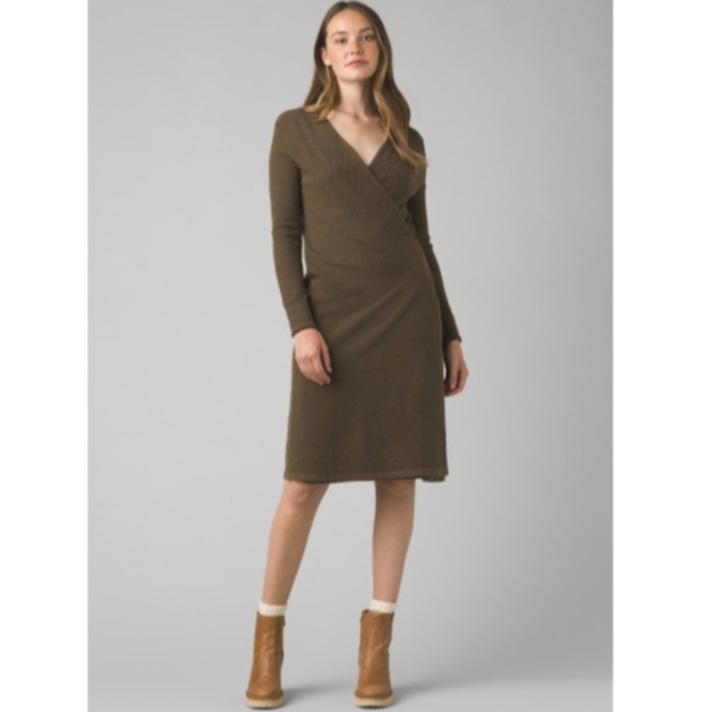 Prana🤎 Bryce Bluff Midi Faux Wrap Sweater Dress in Camel Sz Medium.